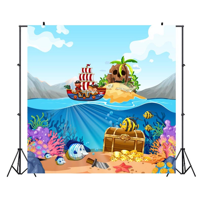 Haoyiyi 5x4ft Pirate Photography Backdrop Cartoon Underwater World Fish Coral Treasure Ship Island Background for Children Theme Birthday Party Bedroom Wall Decoration Pictures Photo Props - Image 2